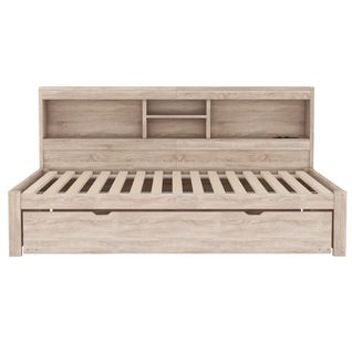 Lit Banquette 90x200cm Avec Un Lit Gigogne 90x190cm,chevet De Rangment Avec LED Et Prises,natruel