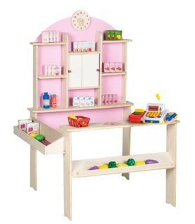 Marchande En Bois Avec Horloge + Caisse Enregistreuse Microphone Et Accessoires - Rose/naturel