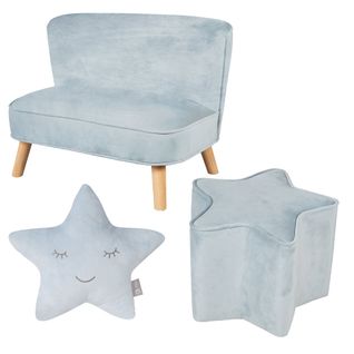 Ensemble Lil Sofa - Canapé + Tabouret + Coussin Décoratif En Forme D'étoile - Bleu Clair/ciel