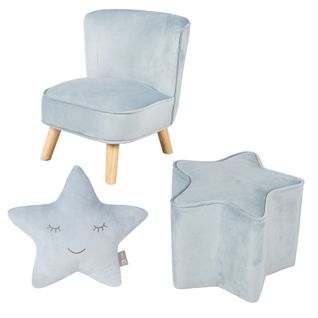 Ensemble Lil Sofa - Fauteuil + Tabouret + Coussin Décoratif - Bleu Clair