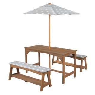 Ensemble De Jardin Pour Enfants - Table Et 2 Bancs En Bois Tack Avec Parasol Et Coussins - Outdoor+