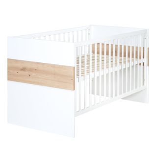 Lit Bébé Évolutif Lion 70 X 140 Cm - Hauteur Réglable - Convertible - Blanc / Décor Bois 