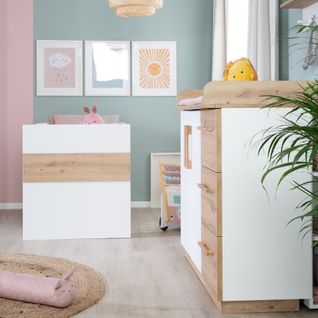 Chambre Bébé Duo Lion - Lit Évolutif 70x140 Cm + Commode à Langer - Blanc - Décor Bois
