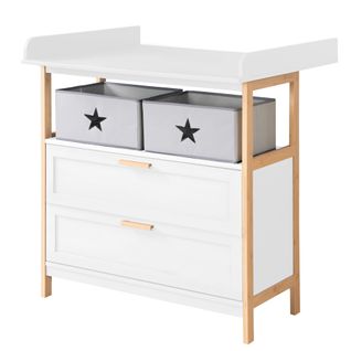 Commode à Langer Berlin - 2 Tiroirs + 2 Boîtes De Rangement En Tissu - Blanc / Bambou