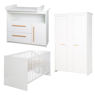 Chambre Complète Bébé Lilo : Lit Évolutif + Commode à Langer + Armoire à 2 Tringles - Blanc Mat