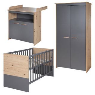 Chambre Bébé Complète - Armoire + Lit 60x120 + Commode à Langer - Anthracite Et Chêne - Anna