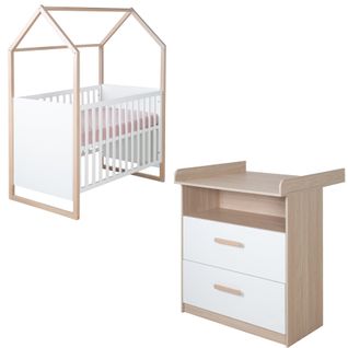 Chambre Bébé Modulable - Lit 60x120 Transformable + Commode à Langer - Blanc Et Chêne - Cabane
