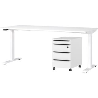 Bureau Et Caisson-tiroirs Avec Serrure Hermoso - 237x80x72-118cm - Réglable Électriquement - Blanc