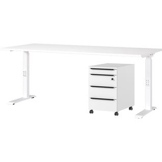 Bureau Et Caisson-tiroirs Avec Serrure Hermoso - 237x80x71-91cm - Réglable Manuellement - Blanc