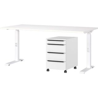 Bureau Et Caisson-tiroirs Hermoso - 217x80x71-91cm - Réglable Manuellement - Blanc