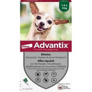 Chien Solution Antiparasitaire Puces Tiques Répulsif Mouches Phlébotomes 1,5 à 4kg 4 Pipettes
