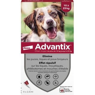 Chien Solution Antiparasitaire Race Moyenne 10 à 25kg 4 Pipettes