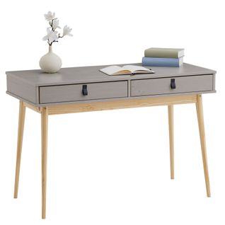 Bureau Wanda En Pin Massif Avec 2 Tiroirs Lasuré Gris Et Naturel