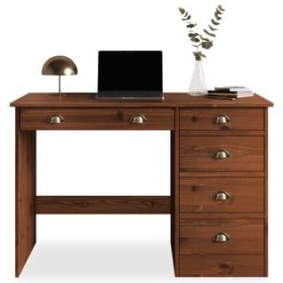 Bureau Lana Avec 5 Tiroirs En Pin Massif - Brun Foncé