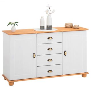 Buffet Colmar En Pin Massif, 4 Tiroirs Et 2 Portes, Lasuré Blanc Et Brun