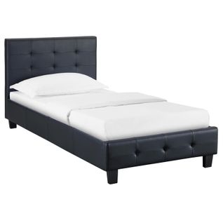 Lit Simple Reve, 90 X 190 Cm, Capitonné Avec Sommier, Revêtement Synthétique Noir