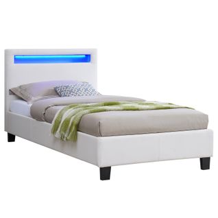 Lit LED Simple Luceno 90x190 Cm, Avec Sommier, Revêtement Synthétique Blanc