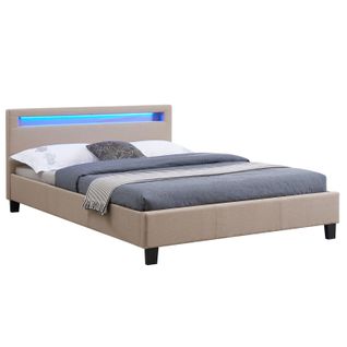 Lit LED Double Rioja 140x190 Cm, Avec Sommier, Revêtement Tissu Beige