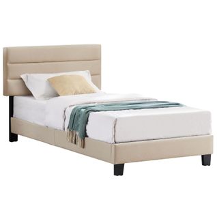 Lit 1 Place Florida, 90 X 190 Cm, Capitonné Avec Sommier, Revêtement En Tissu Beige