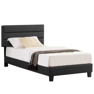 Lit 1 Place Hudson, 90 X 190 Cm, Capitonné Avec Sommier, Revêtement Synthétique Noir