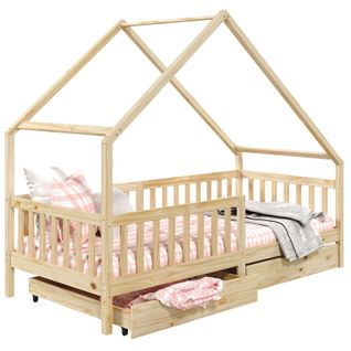 Lit Cabane  Asymétrique Alva Avec Tiroirs, 90 X 190 Cm En Pin Massif Finition Naturelle