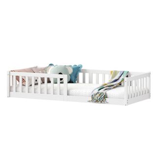 Lit Enfant Gustavo Type Montessori, Couchage 90x200 Cm, En Pin Massif Lasuré Blanc