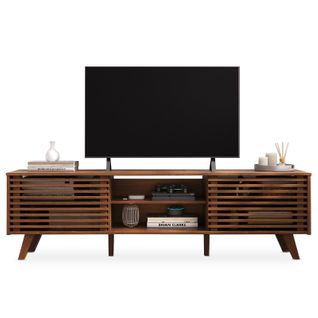 Meuble TV Rian Avec Portes Coulissantes, En Bois Massif - Brun Foncé