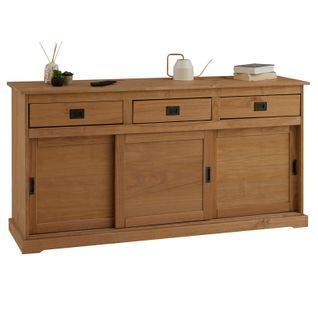 Buffet Savona En Pin Massif, 3 Tiroirs Et 3 Portes, Lasuré Brun