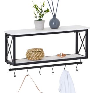 Porte-manteaux Mural Armando, Avec 2 Étagères En Bois Blanc Et Cadre En Métal Noir