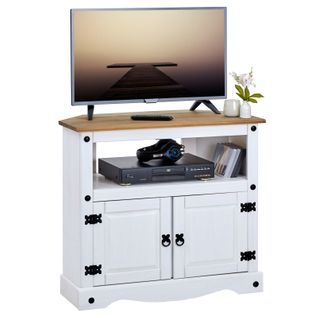 Meuble TV Campo Avec 2 Portes, Style Mexicain En Pin Massif Blanc Et Brun