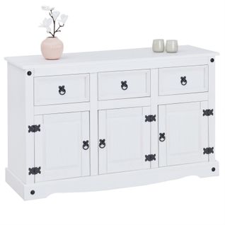 Buffet Rural Avec 3 Tiroirs Et 3 Portes, Style Mexicain En Pin Massif Blanc