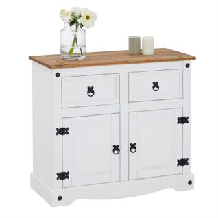 Buffet Campo Avec 2 Tiroirs Et 2 Portes, Style Mexicain En Pin Massif Blanc Et Brun