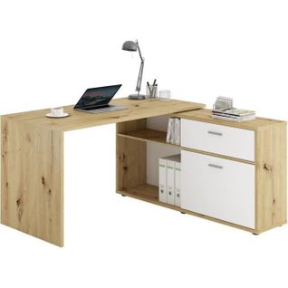Bureau D'angle Avec Rangements Diego - Mélaminé Chene/blanc Brillant - L138 X H75 X P138 Cm