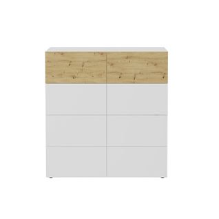 Buffet 8 Tiroirs Blanc Brillant Et Décor Chêne - L109 Cm