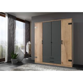 Armoire Corfou - Décor Chene Et Gris Anthracite - 4 Portes Battantes - 2 Tiroirs - L180 X P58 X H19