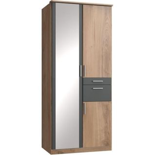 Armoire Décor Chene Et Graphite - 3 Portes Battantes - Miroir - 2 Tiroirs - L90 X P58 X H199 Cm - Vo