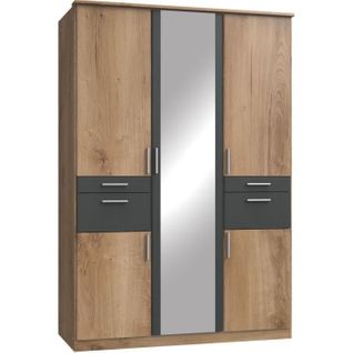 Armoire de Chambre - Volos - Chêne Poutre / Graphite - 5 Portes - 4 Tiroirs - 135 x 58 x 199 cm