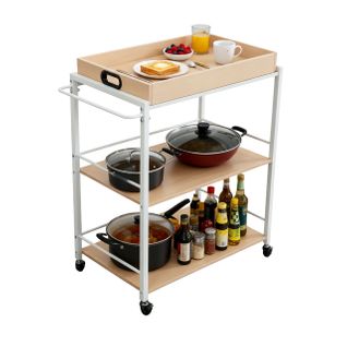 Desserte Avec Plateau Amovible - 70x40x88 Cm - Blanc Et Bois