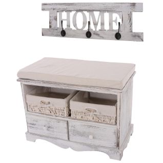 Commode / Banc, 2 Paniers, 2 Tiroirs, 62x33x42cm + Garderobe, Shabby, Vintage ~ Blanc