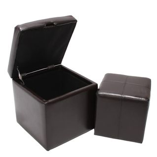 Lot De 2 Tabourets Onex, Pouf + Cube-coffre, Cuir, Marron