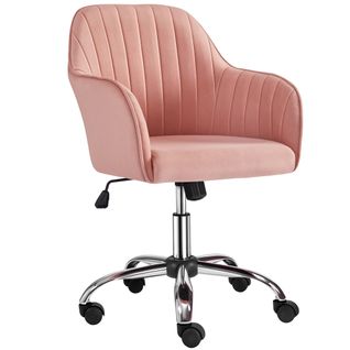 Chaise De Bureau Moderne En Velours Avec Roulettes Et Assise Réglable En Hauteur, Rose