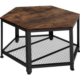 Table Basse De Salon Hexagonal Avec Étagère Grillagée Bois Foncé