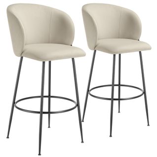 Lot 2 Tabourets De Bar Rembourrés Avec Dossier Aspect Velours Crème