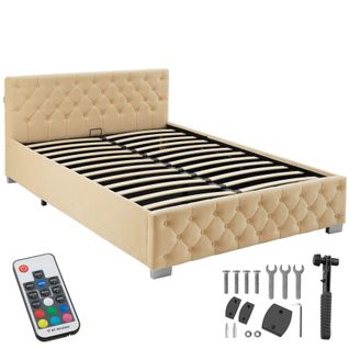 Lit Capitonné Avec Bandes LED Et Espace De Rangement 140x200 Beige