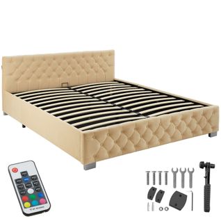 Lit Capitonné Avec Bandes LED Et Espace De Rangement 180x200 Beige