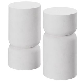 Lot De 2 Tables D'appoint Robuste Design Arrondi Aspect Pierre Blanc