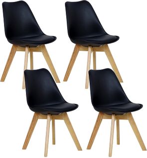 Lot De 4 Chaises De Salle à Manger. Pied En Bois. Assise En Similicuir. Style Nordique. Noir