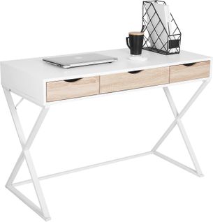 Table De Bureau En Bois+Acier.Bureau D'ordinateur Avec 3 Tiroirs.Table De Travail.110x50x75cm.Blanc