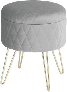 Pouf Coffre Rond Avec Espace De Rangement. Siège En Velours Pieds En Métal. Gris Clair