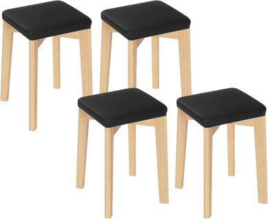 Lot De 4 Tabouret En Bois Massif-Chaise De Cuisine-Siège D’éponge Et PU-32.5x32.5x47cm-Noir